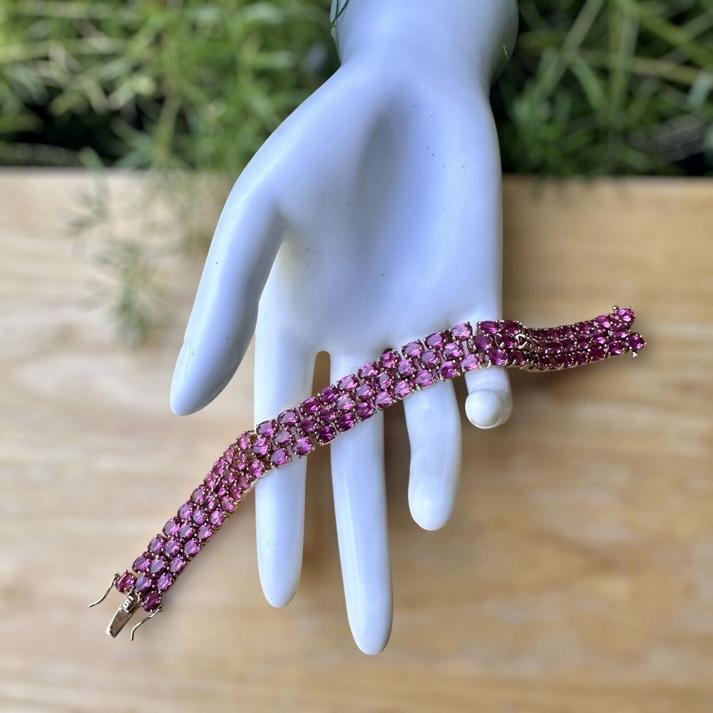 Link Bracelet Lab Pink Sapphires 3 Tier Size 7 Gold Plated Sterling Silver 42.7g